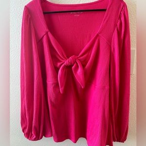 Womens Blouse - Ava & Viv size 1X hot pink. Bow detail and flowy sleeves.